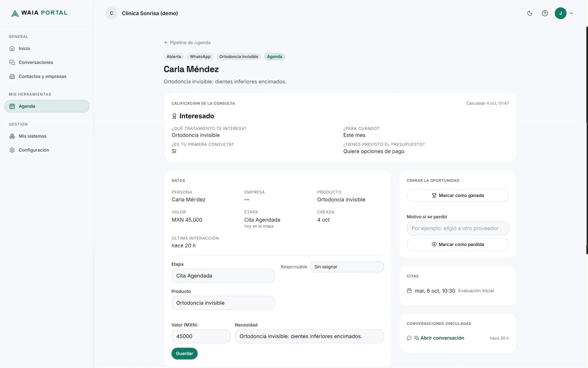 Ficha de la oportunidad de Carla Méndez en el portal: calificación con las cuatro respuestas, datos, la cita del martes 6 a las 10:30 y los botones para cerrar la oportunidad.